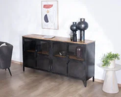 Meuble House Buffet industriel vitré en métal et bois exotique 180 cm "Dowtoun" Outlet