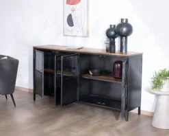Meuble House Buffet industriel vitré en métal et bois exotique 180 cm "Dowtoun" Outlet