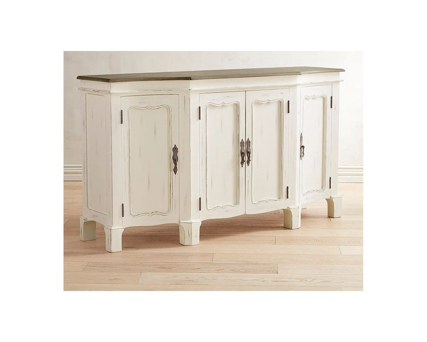 Meuble House Buffet 4 portes blanc cassé vieilli plateau bois "Héritage"