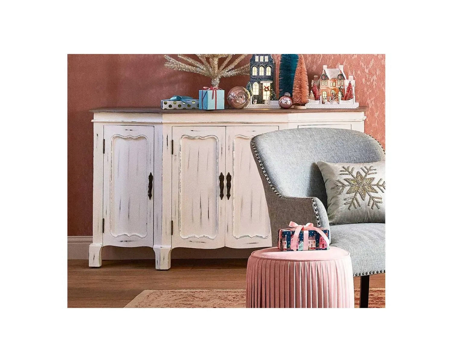 Meuble House Buffet 4 portes blanc cassé vieilli plateau bois "Héritage"