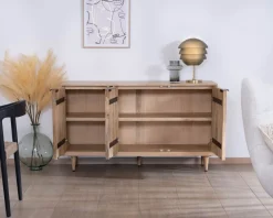 Meuble House Buffet 3 portes en manguier massif façades cannelées "Lanora" Style Japandi contemporain Online