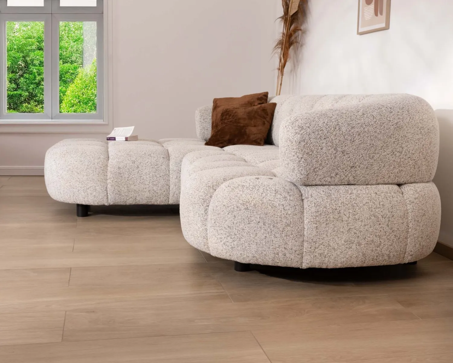 Meuble House Canapé avec extension électrique et méridienne "Syltan" tissu tramé blanc cassé ultra confort Outlet