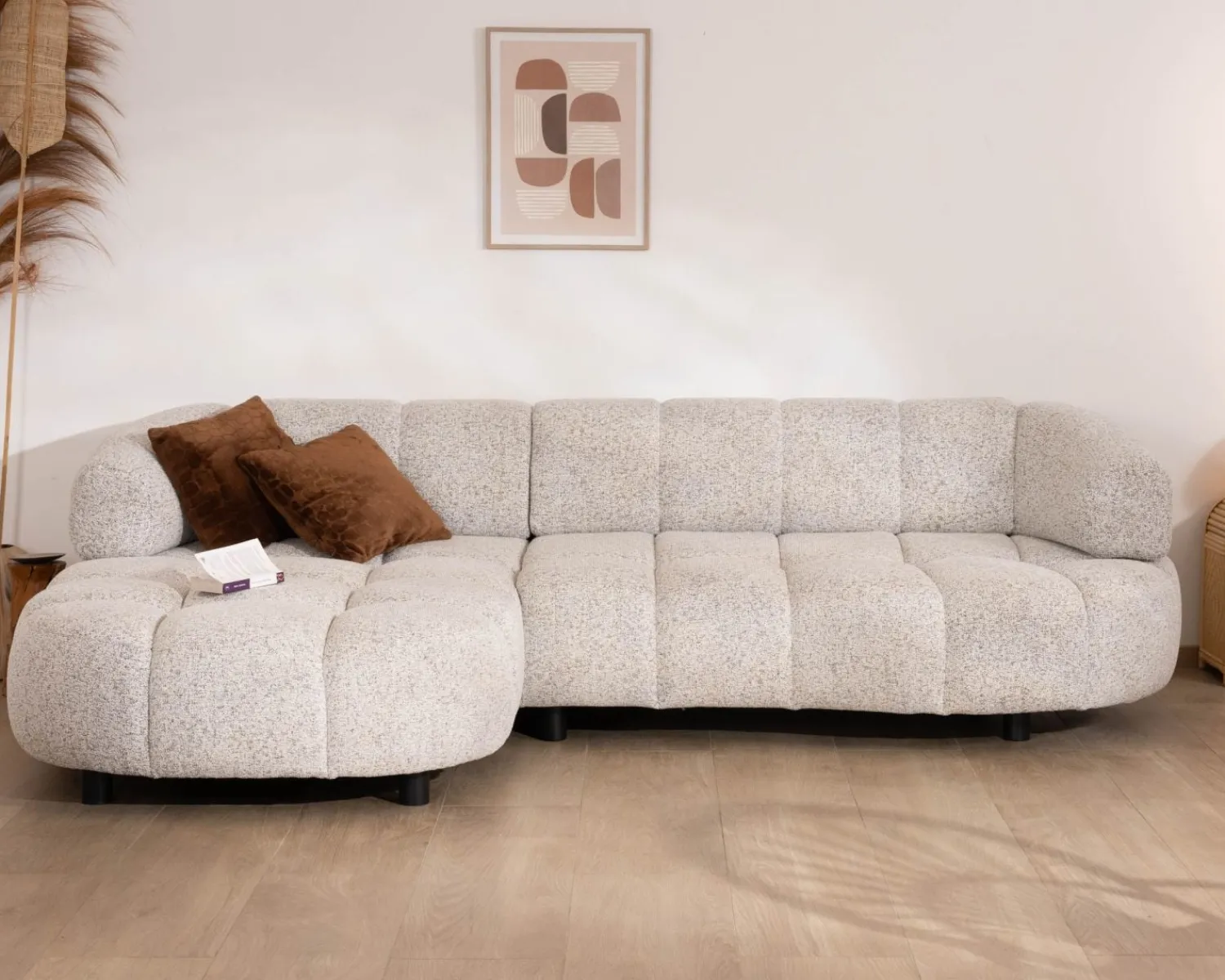 Meuble House Canapé avec extension électrique et méridienne "Syltan" tissu tramé blanc cassé ultra confort Outlet