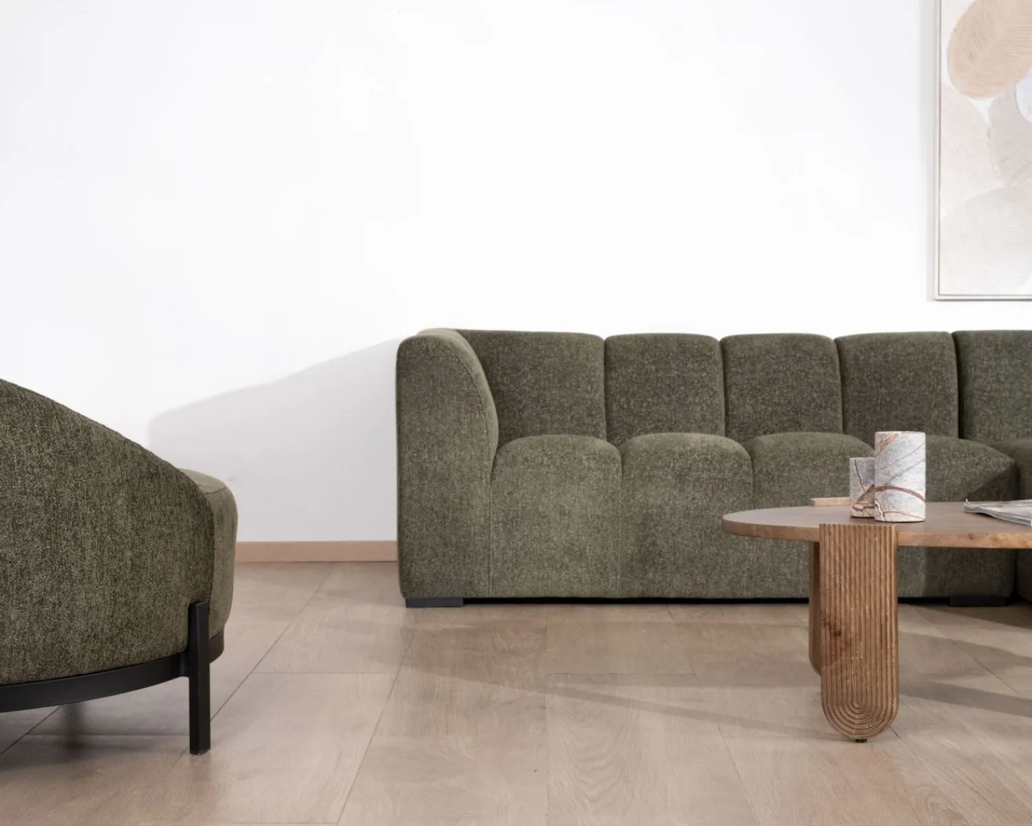 Meuble House Canapé avec méridienne en tissu bouclette vert "Enjoy Home"