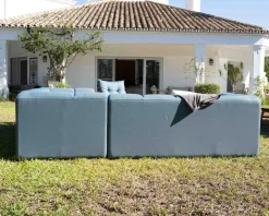 Meuble House Canapé d'angle en tissu turquoise haut de gamme "Terrasse" spécial extérieur Discount