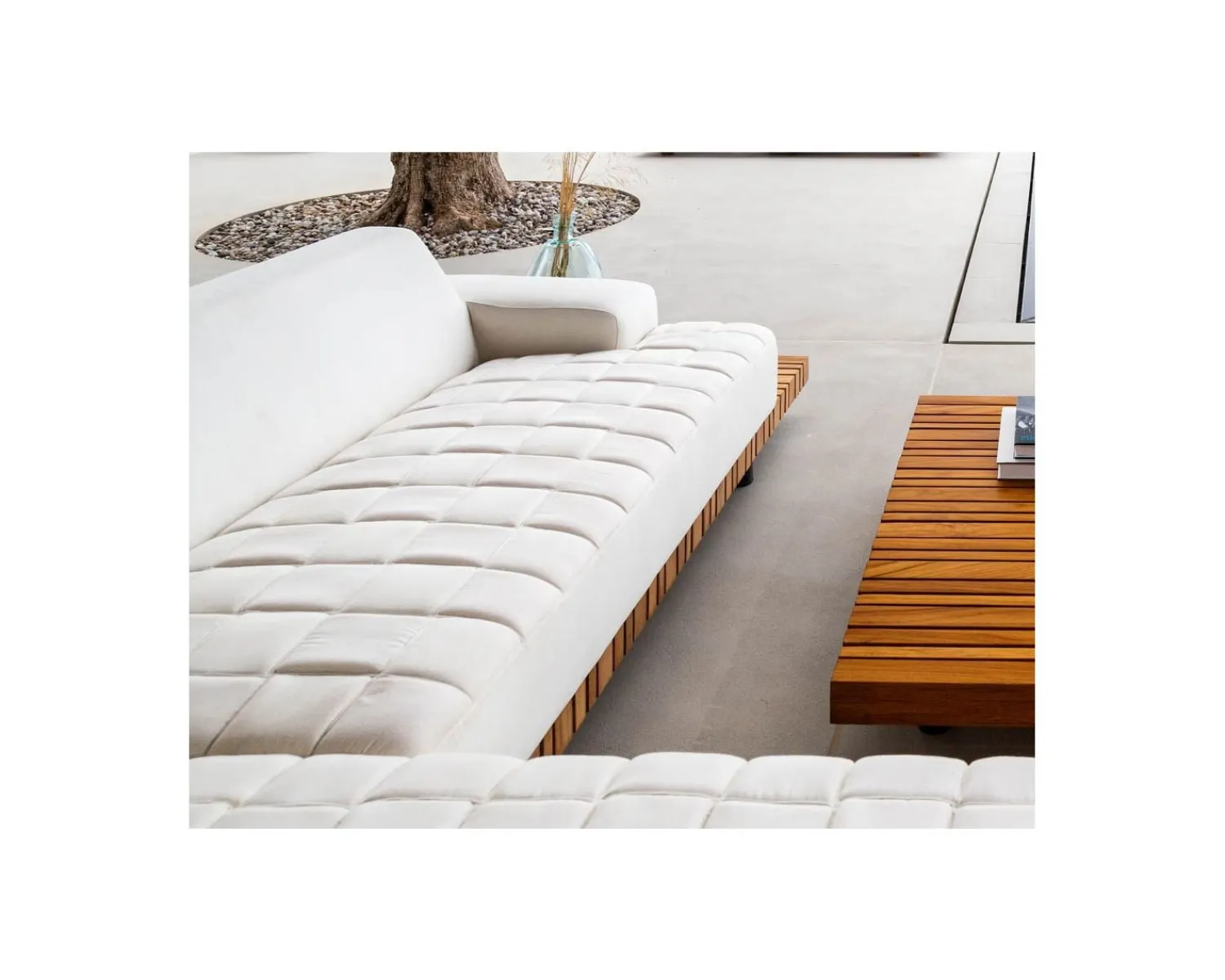 Meuble House Canapé d'angle pour terrasse et jardin en tissu Sunbrella écru "Lombok" retour droit Outlet