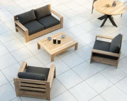 Meuble House Canapé de jardin 2 places haut de gamme "Zénith" en teck matelassé tissu gris foncé