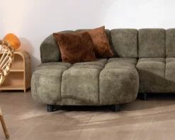 Meuble House Canapé en tissu vert avec extension électrique et méridienne retour gauche