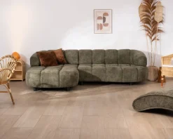 Meuble House Canapé en tissu vert avec extension électrique et méridienne retour gauche