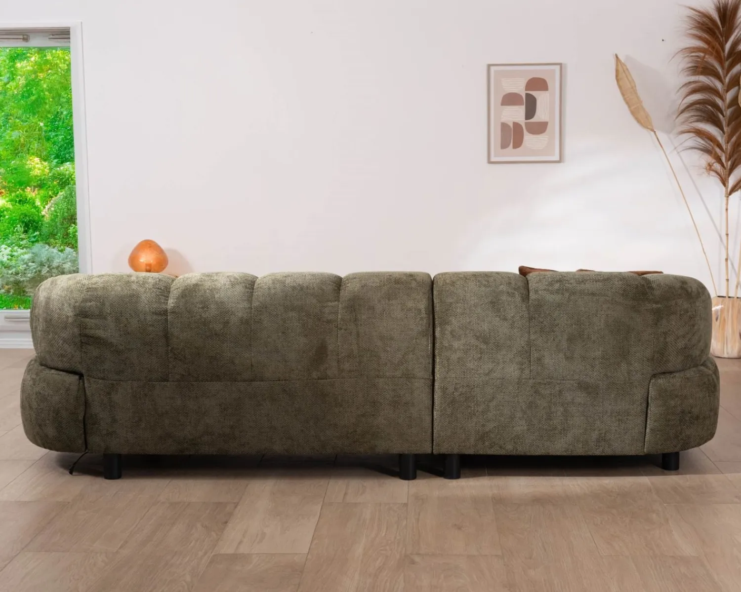 Meuble House Canapé en tissu vert avec extension électrique et méridienne retour gauche "Syltan" Hot