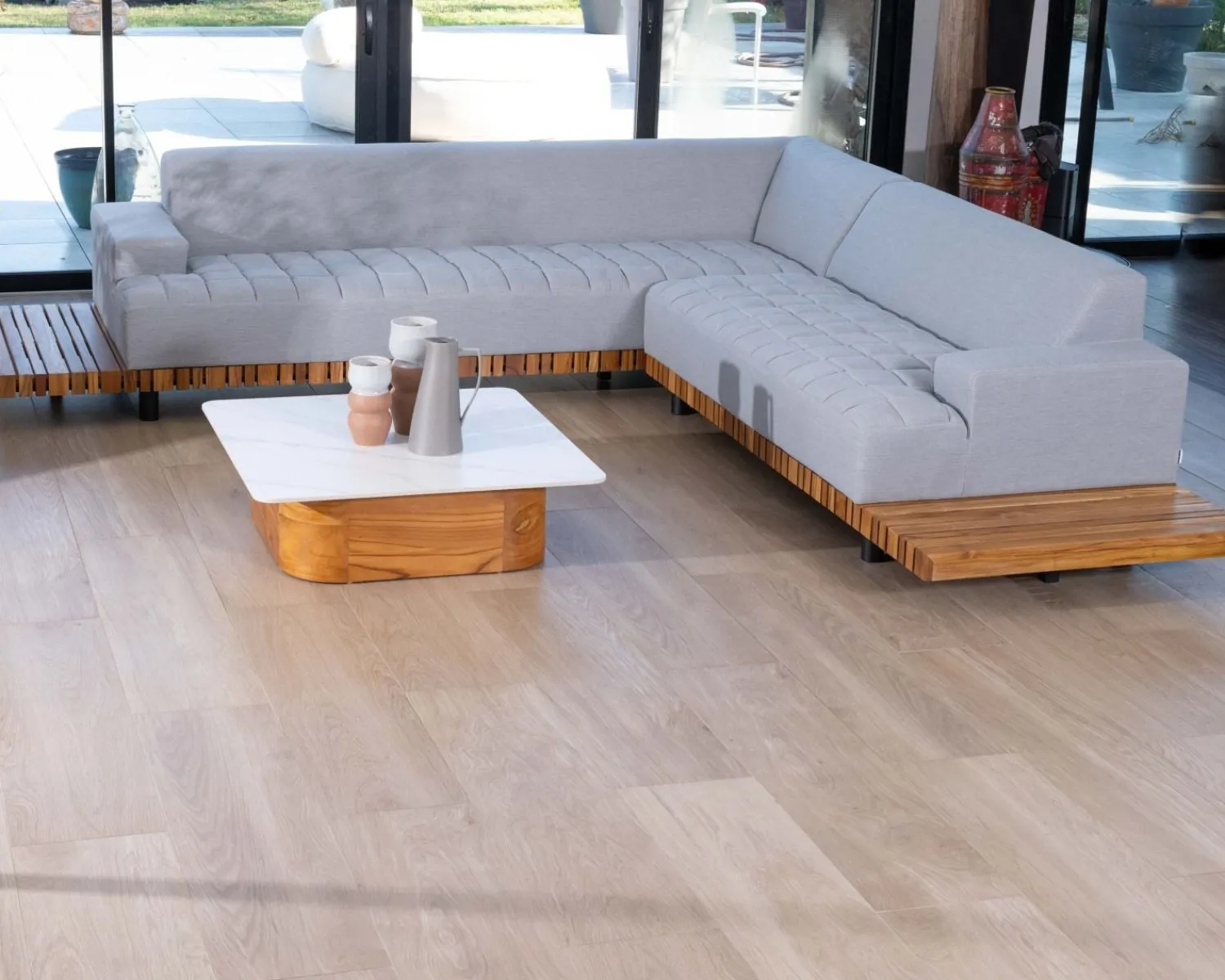 Meuble House Canapé haut de gamme avec retour droit tissu Sunbrella gris clair "Lombok" Online