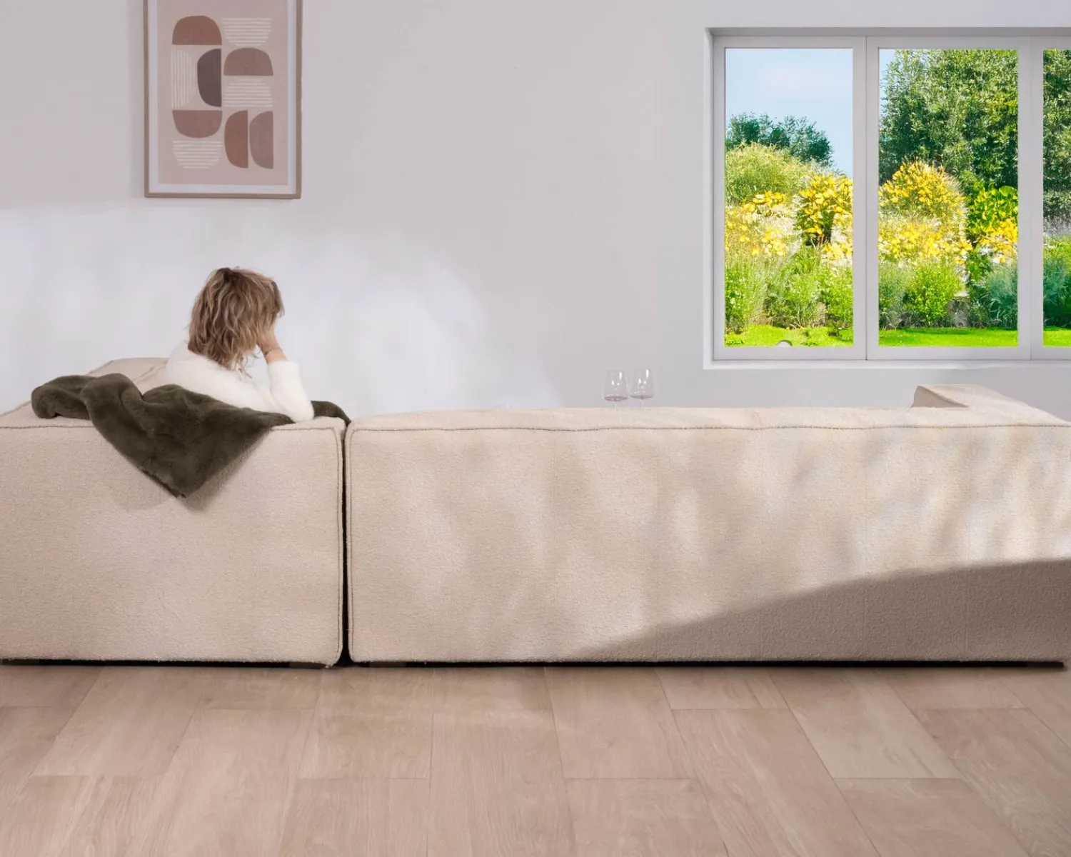 Meuble House Canapé modulaire en angle en tissu bouclette beige "Alcazar" Outlet