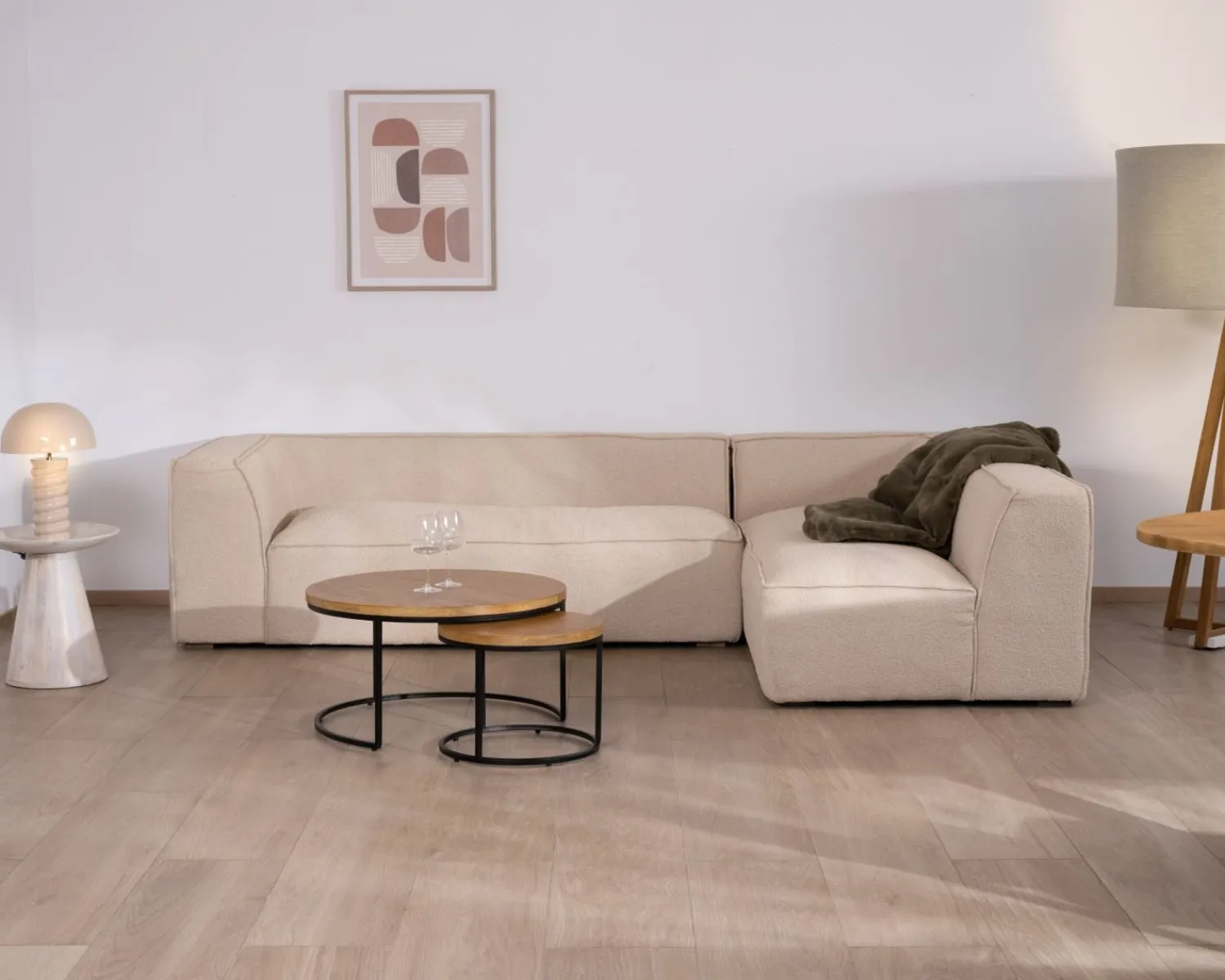Meuble House Canapé modulaire en angle en tissu bouclette beige "Alcazar" Outlet