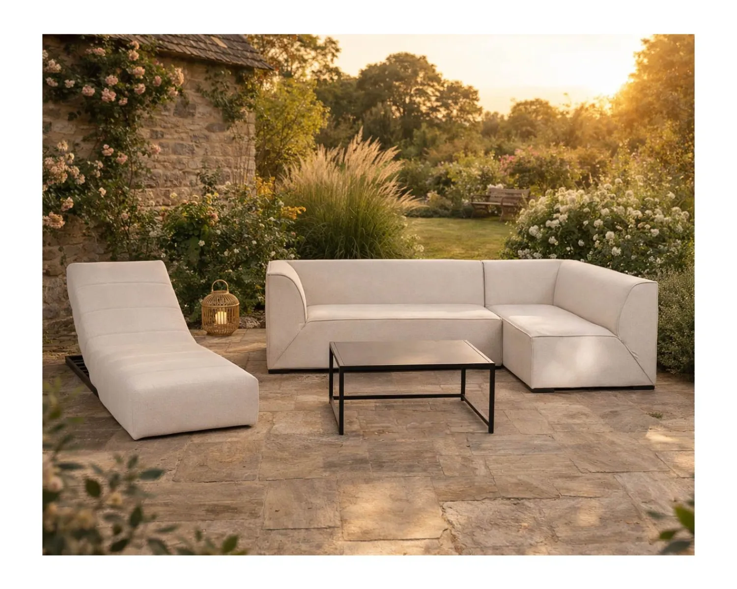 Meuble House Canapé outdoor en 2 modules "Sunset Bay" tissu spécial extérieur crème Hot