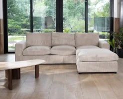 Meuble House Canapé 3 places avec pouf ottoman carré en velours côtelé gris chaud 