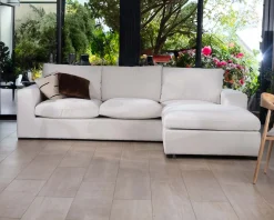 Meuble House Canapé 3 places avec pouf ottoman carré en tissu doux et bouclé blanc chiné