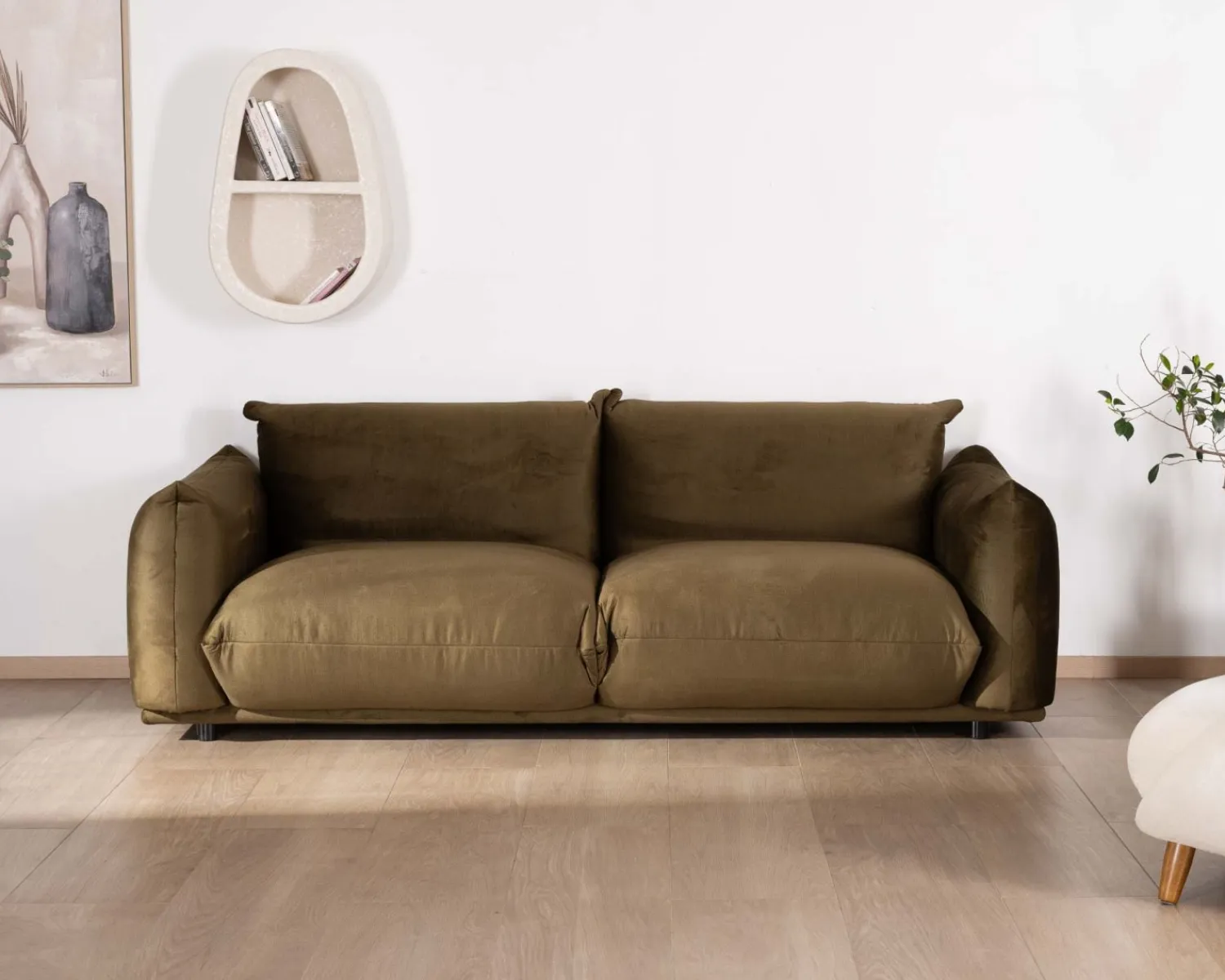 Meuble House Canapé 3 places en tissu doux vert kaki "Moon" Outlet