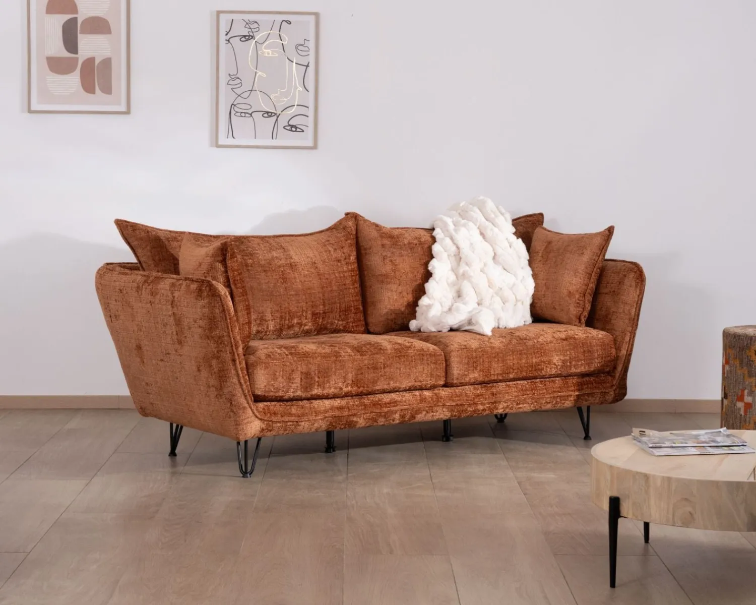Meuble House Canapé 3 places ultra confort esprit rétro en tissu tramé terracotta "Hasting" Outlet