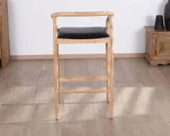 Meuble House Chaise de bar épurée en acacia naturel et assise PU noir 