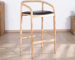 Meuble House Chaise de bar épurée en acacia naturel et assise PU noir 