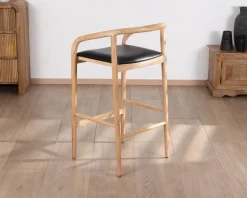 Meuble House Chaise de bar épurée en acacia naturel et assise PU noir 