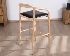 Meuble House Chaise de bar épurée en acacia naturel et assise PU noir 