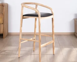 Meuble House Chaise de bar épurée en acacia naturel et assise PU noir 