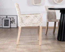 Meuble House Chaise de repas avec accoudoirs en cuir blanc tressé et teck 