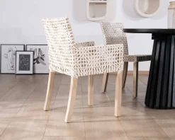 Meuble House Chaise de repas avec accoudoirs en cuir blanc tressé et teck 