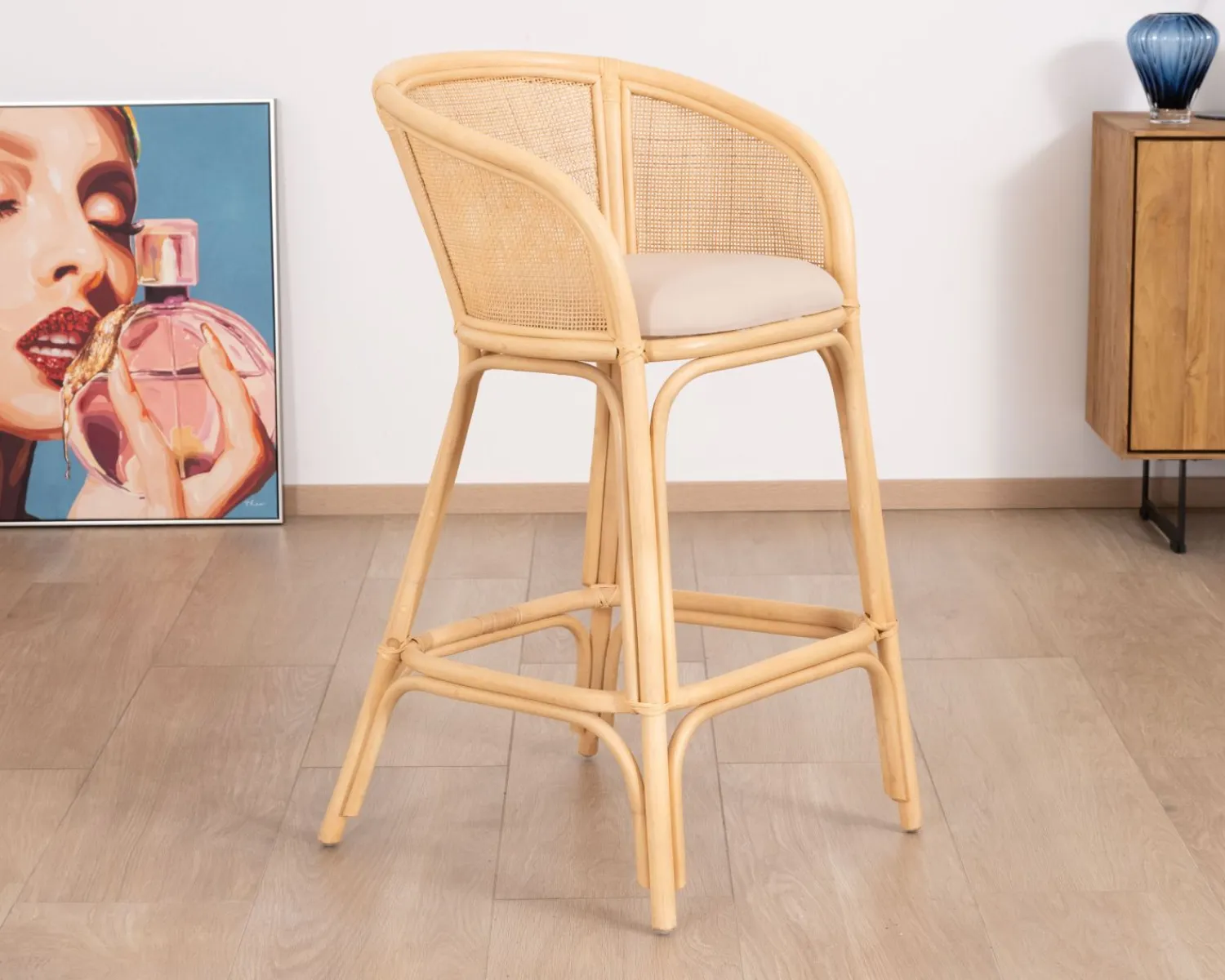 Meuble House Chaise haute en rotin style ethnique chic "Noho" avec assise en tissu beige Discount