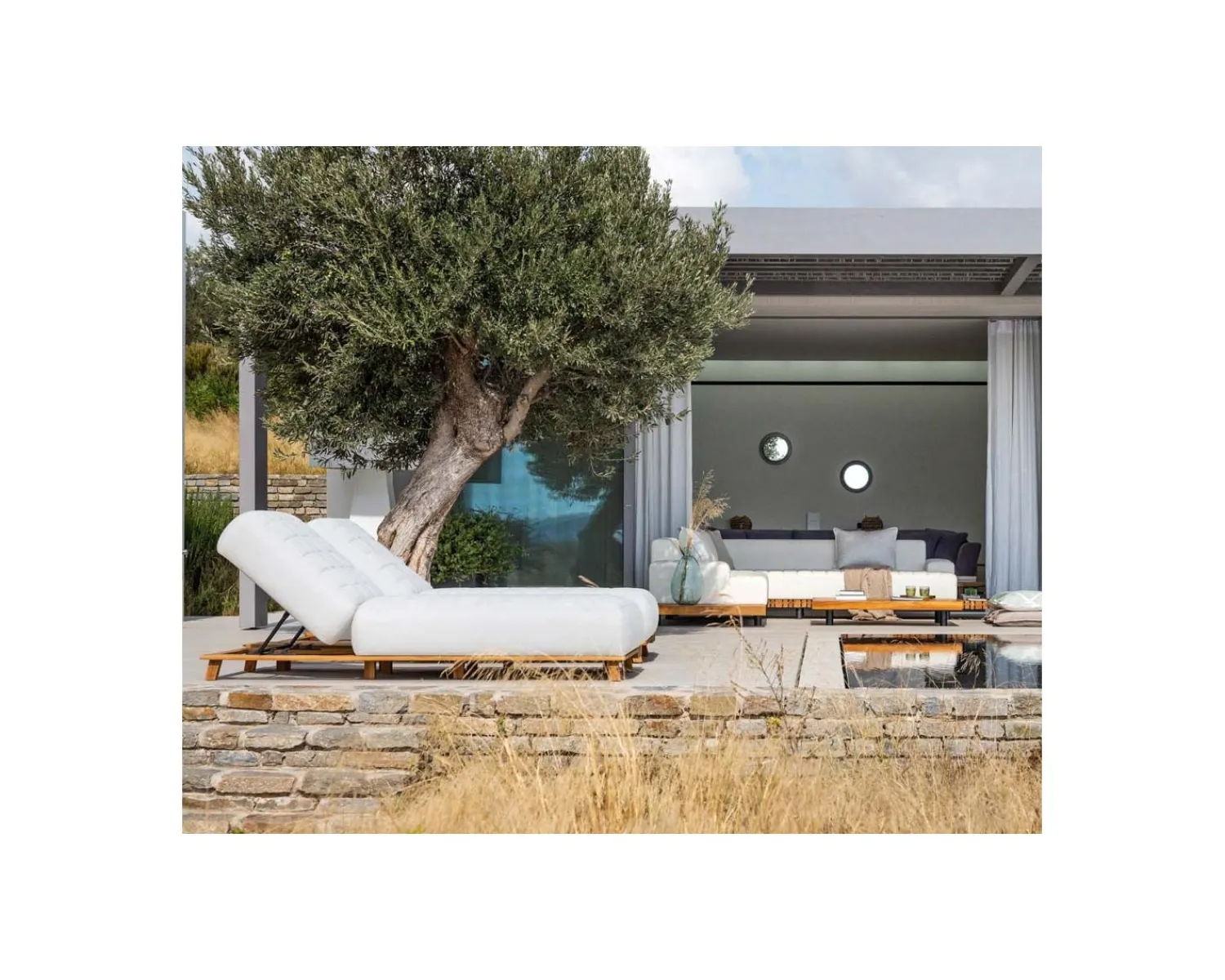 Meuble House Chaise longue ultra confort teck tissu Sunbrella blanc cassé "Lombok" Outlet
