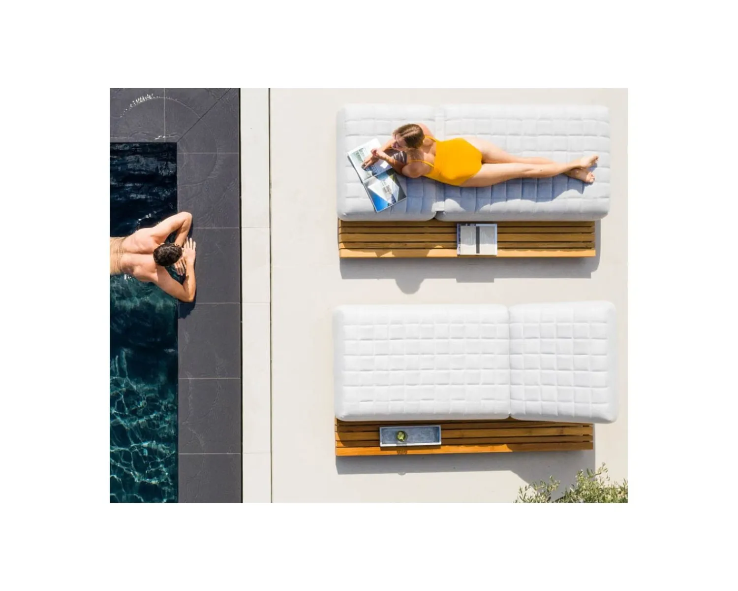 Meuble House Chaise longue ultra confort teck tissu Sunbrella blanc cassé "Lombok" Outlet