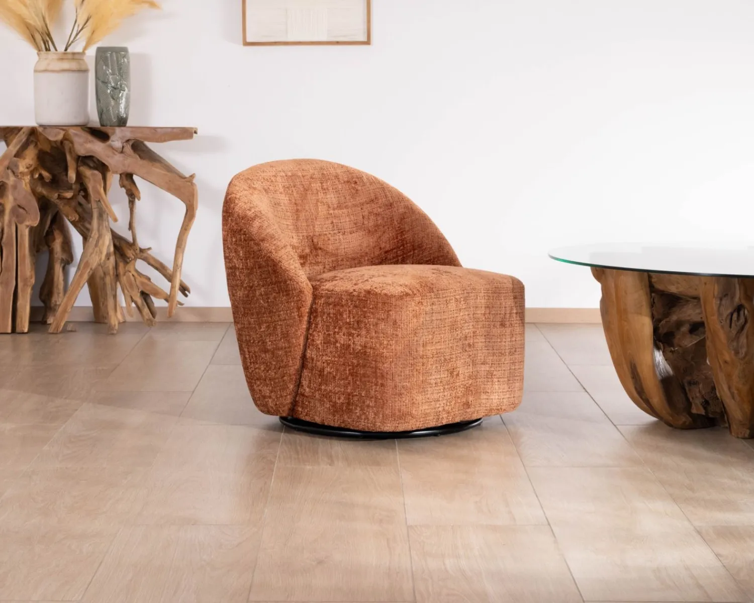 Meuble House Chauffeuse design et cosy en tissu bouclette coloris terre de sienne "Marylin" pied rotatif 360° Sale