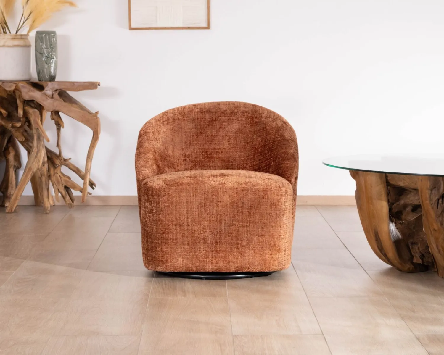 Meuble House Chauffeuse design et cosy en tissu bouclette coloris terre de sienne "Marylin" pied rotatif 360° Sale