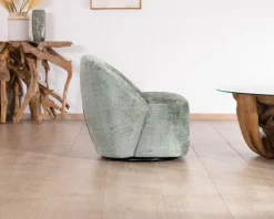 Meuble House Chauffeuse pivotante en tissu bouclette soyeux vert sauge 