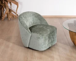 Meuble House Chauffeuse pivotante en tissu bouclette soyeux vert sauge 