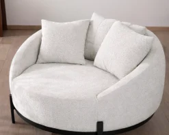Meuble House Chauffeuse ronde 120 cm en tissu blanc chiné et coussins velours côtelé 
