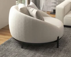 Meuble House Chauffeuse ronde 120 cm en tissu blanc chiné et coussins velours côtelé 
