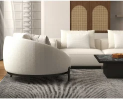 Meuble House Chauffeuse ronde 120 cm en tissu blanc chiné et coussins velours côtelé 