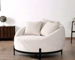 Meuble House Chauffeuse ronde 120 cm en tissu blanc chiné et coussins velours côtelé 