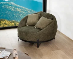 Meuble House Chauffeuse ronde XL ultra confort en tissu bouclette vert kaki