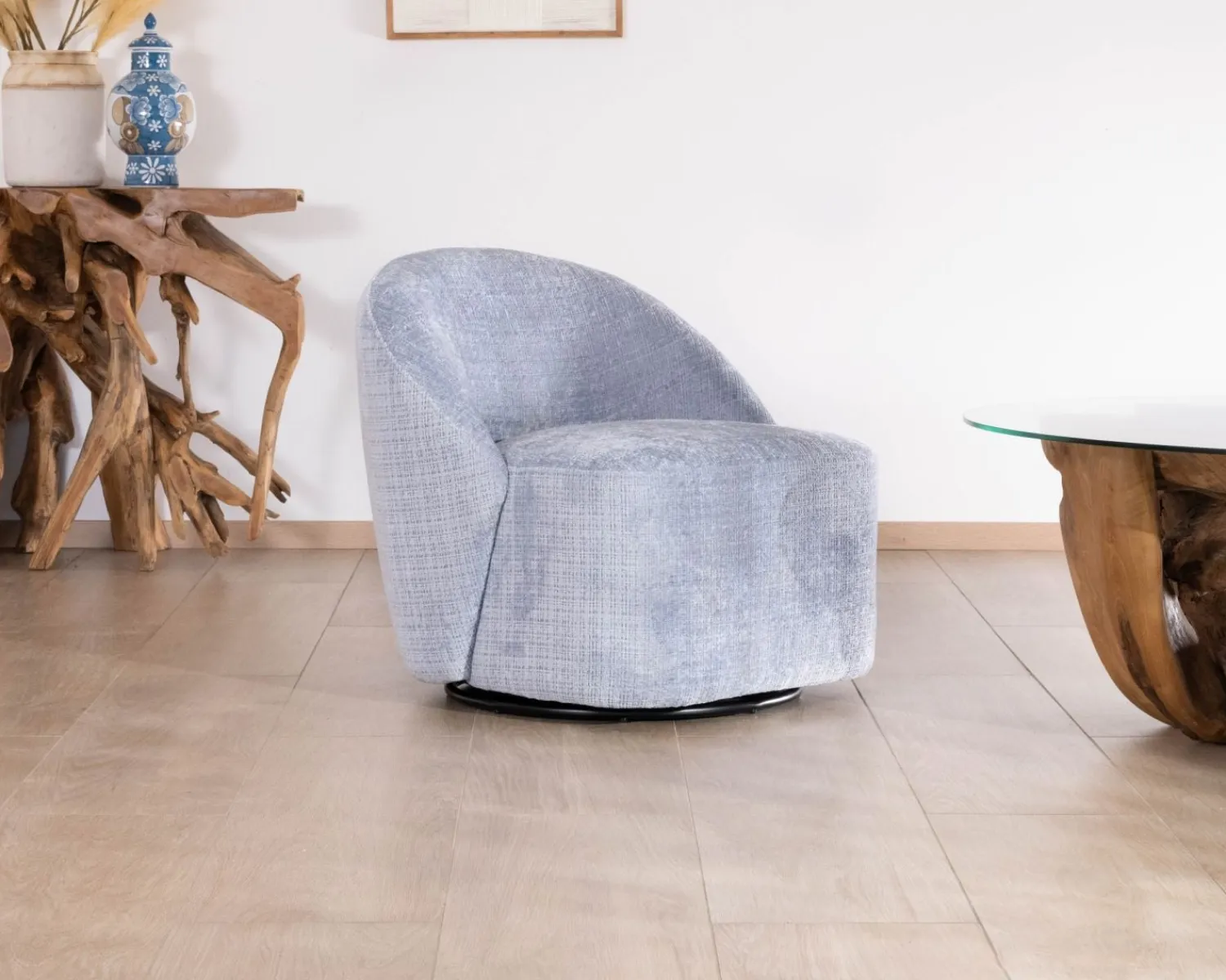 Meuble House Chauffeuse tournante design épuré en tissu bleu glacier "Marylin" Outlet
