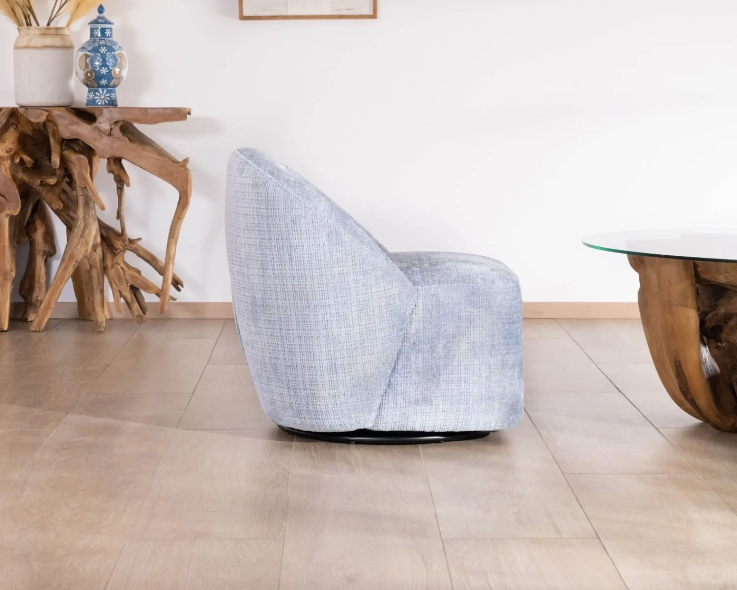 Meuble House Chauffeuse tournante design épuré en tissu bleu glacier "Marylin" Outlet
