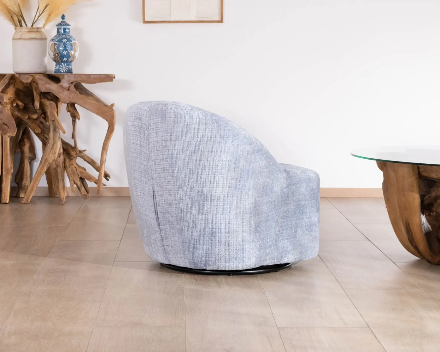 Meuble House Chauffeuse tournante design épuré en tissu bleu glacier "Marylin" Outlet