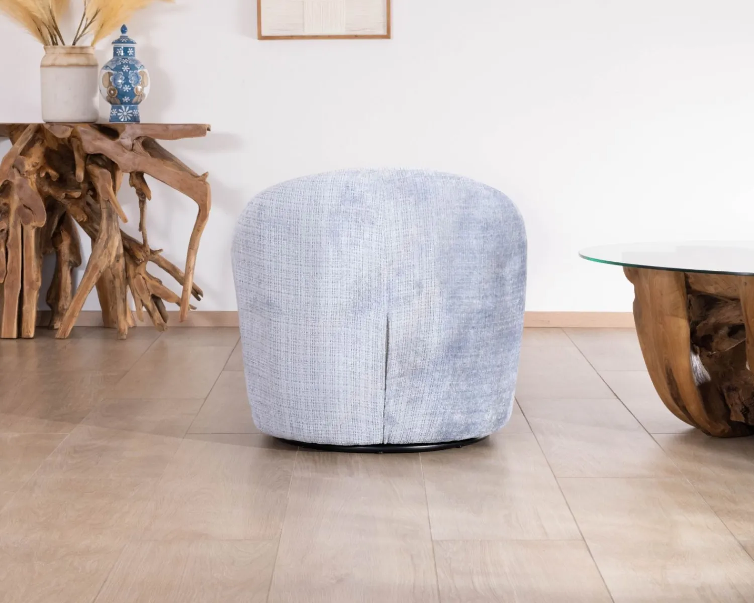 Meuble House Chauffeuse tournante design épuré en tissu bleu glacier "Marylin" Outlet