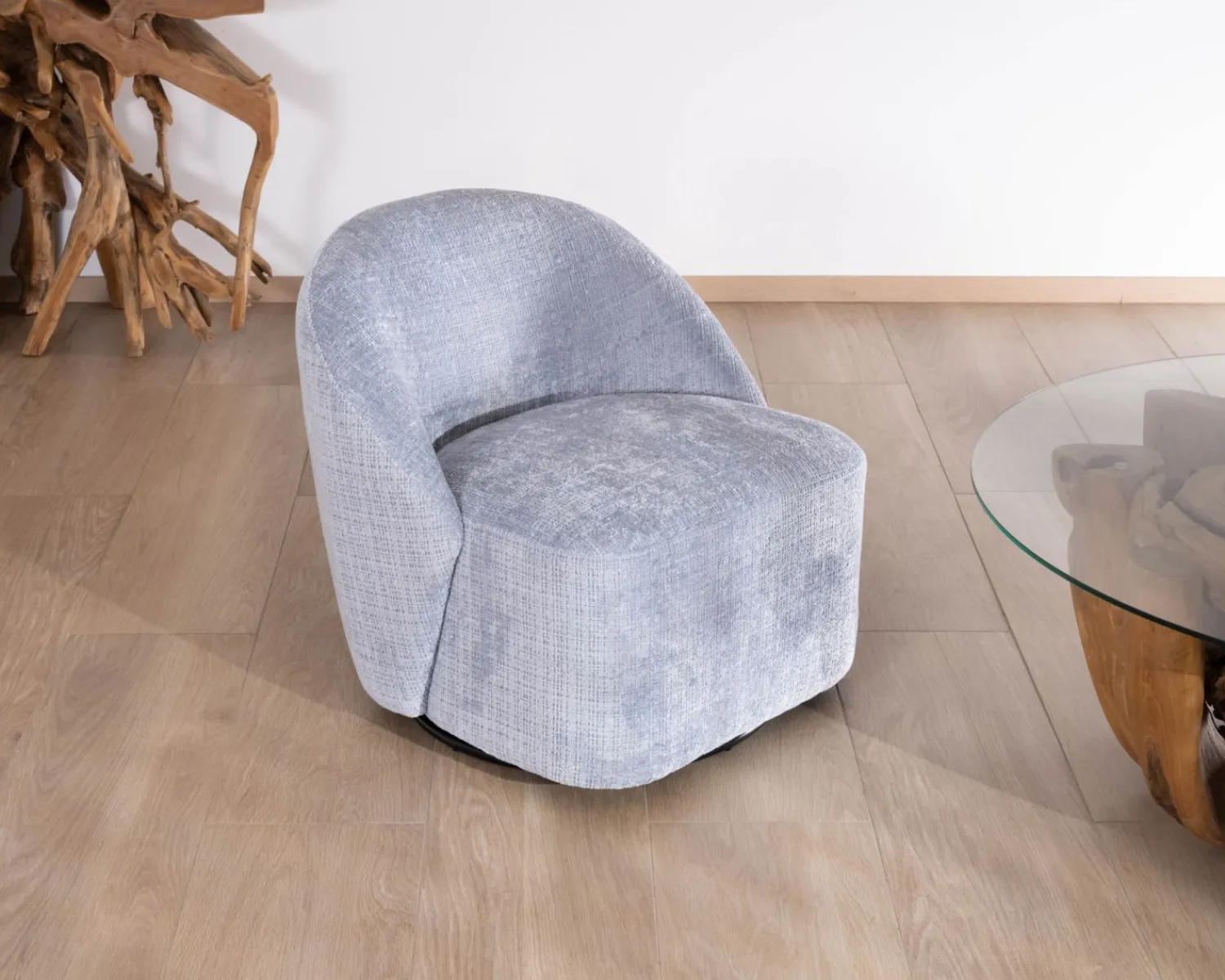 Meuble House Chauffeuse tournante design épuré en tissu bleu glacier "Marylin" Outlet
