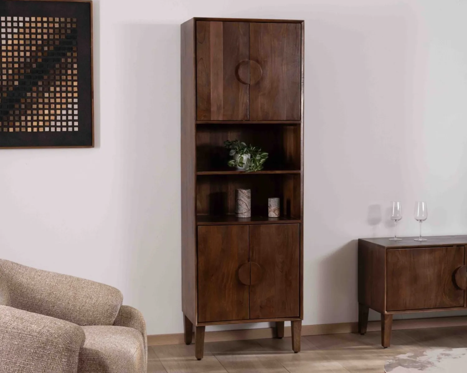 Meuble House Colonne de rangement rétro en manguier massif foncé 60 cm "Kaldo" Esprit mid-century Hot