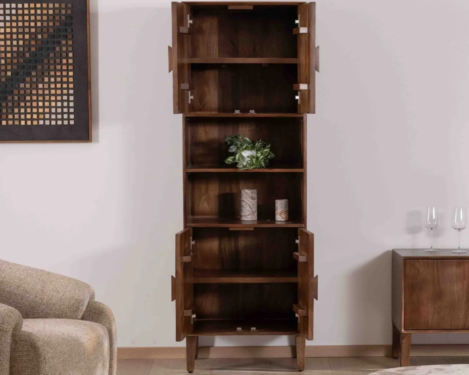 Meuble House Colonne de rangement rétro en manguier massif foncé 60 cm "Kaldo" Esprit mid-century Hot