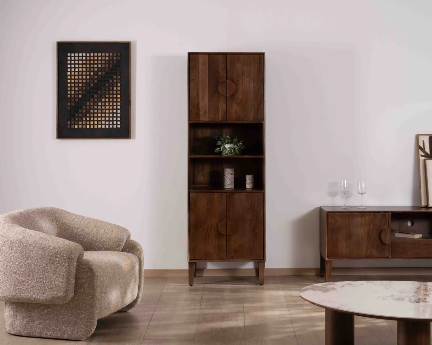 Meuble House Colonne de rangement rétro en manguier massif foncé 60 cm "Kaldo" Esprit mid-century Hot