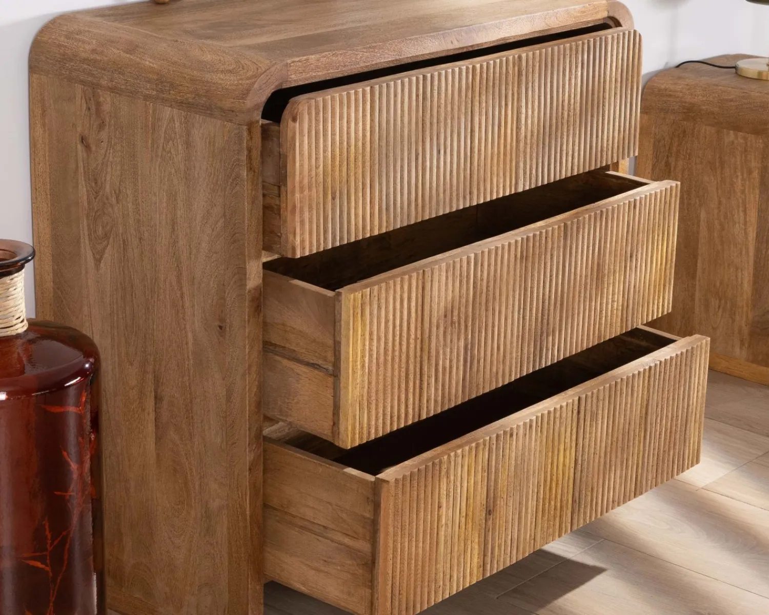 Meuble House Commode design rétro avec façades cannelées "Céresto" 3 grands tiroirs New
